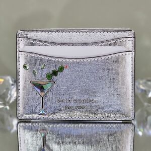 Kate Spade Card Case Silver Multi Shaken Not Stirred Martini Embellished Leather